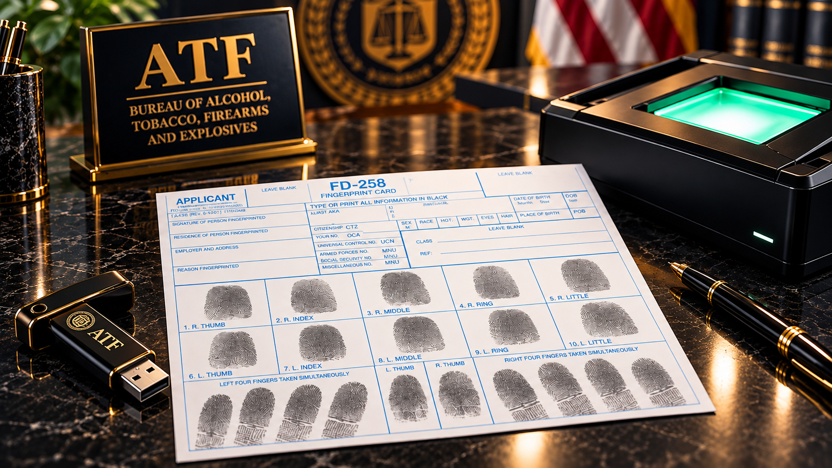 ATF and NFA fingerprinting service with FD-258 card, fingerprint scanner, and electronic fingerprint file USB drive